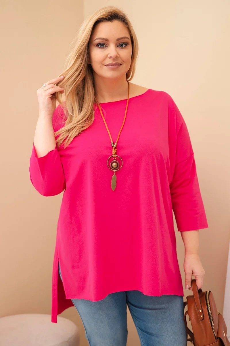 Bluzka damska bawełniana Plus Size asymetryczna z naszyjnikiem fuksja