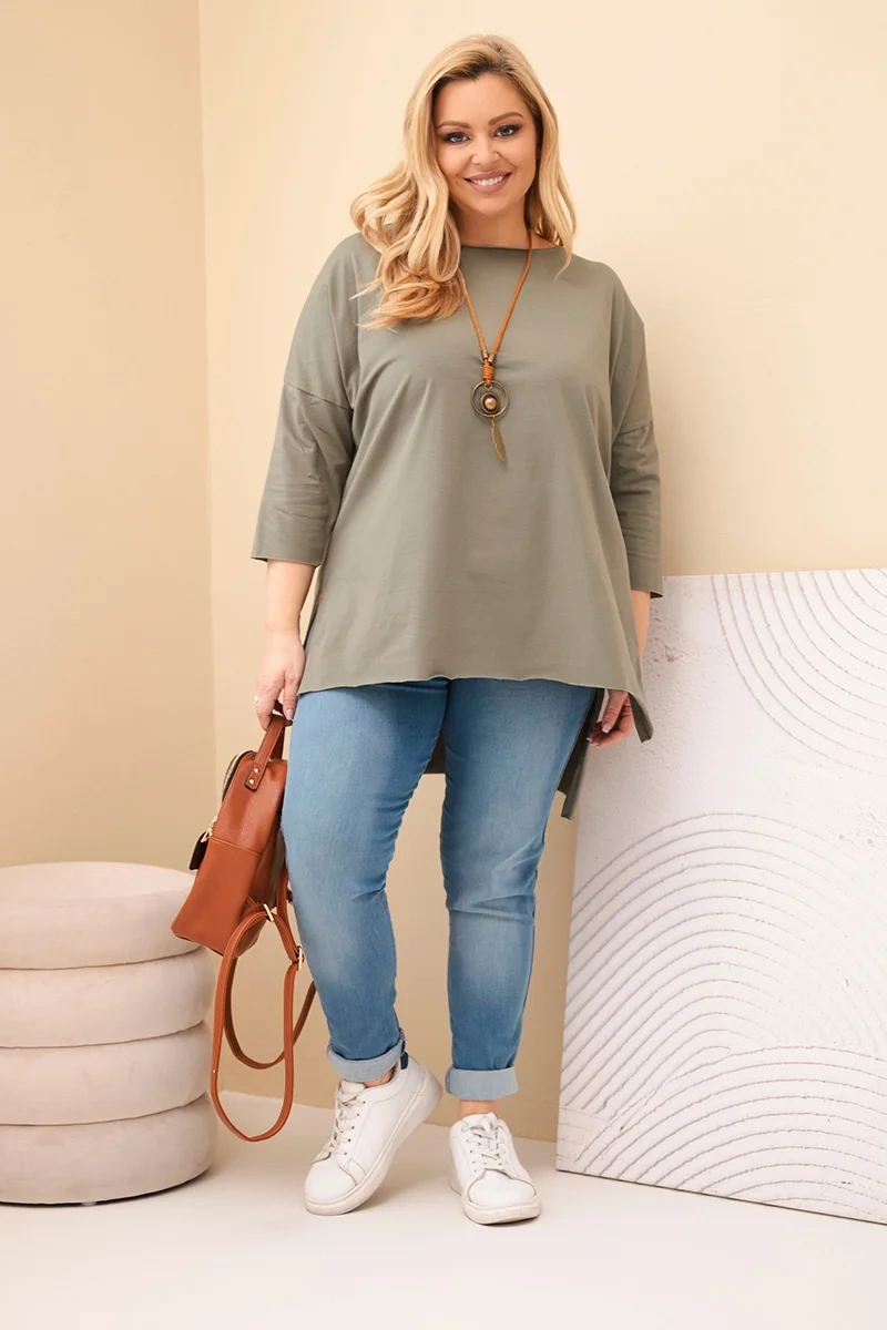 Bluzka damska bawełniana Plus Size asymetryczna z naszyjnikiem khaki - obrazek 3