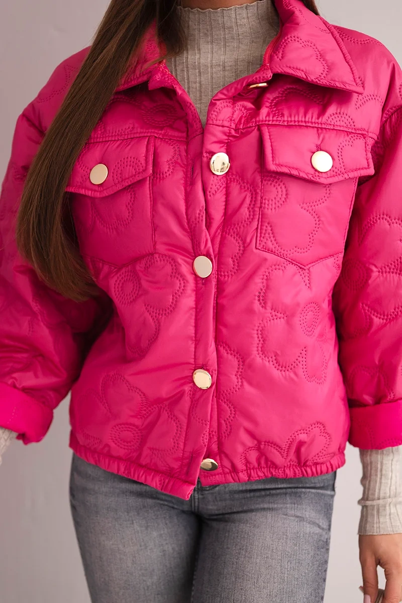 Kurtka damska wiosenna pikowana z kwiatowym wzorem fuksja - obrazek 4