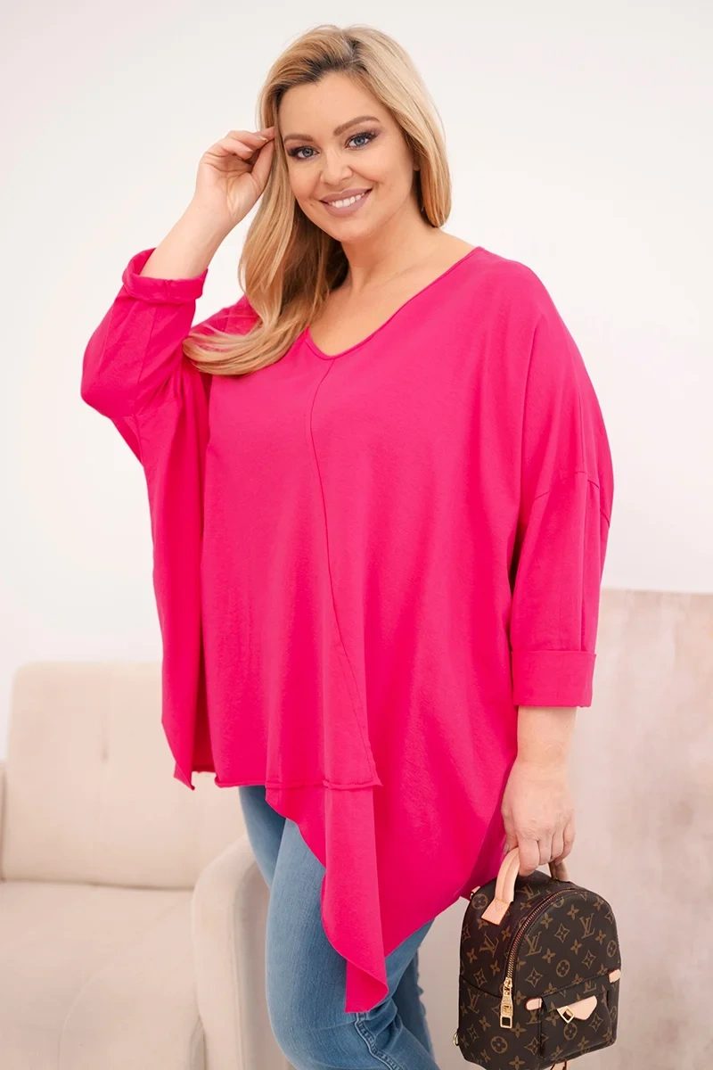 Bluzka damska bawełniana Plus Size z asymetrycznym dołem i dekoltem V fuksja