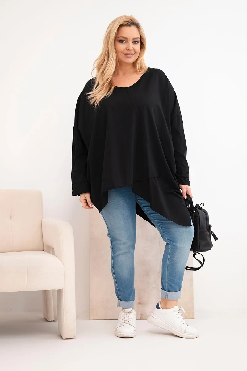 Bluzka damska bawełniana Plus Size z asymetrycznym dołem i dekoltem V czarna - obrazek 2