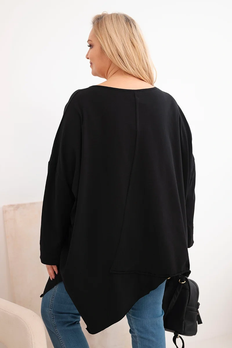 Bluzka damska bawełniana Plus Size z asymetrycznym dołem i dekoltem V czarna - obrazek 3