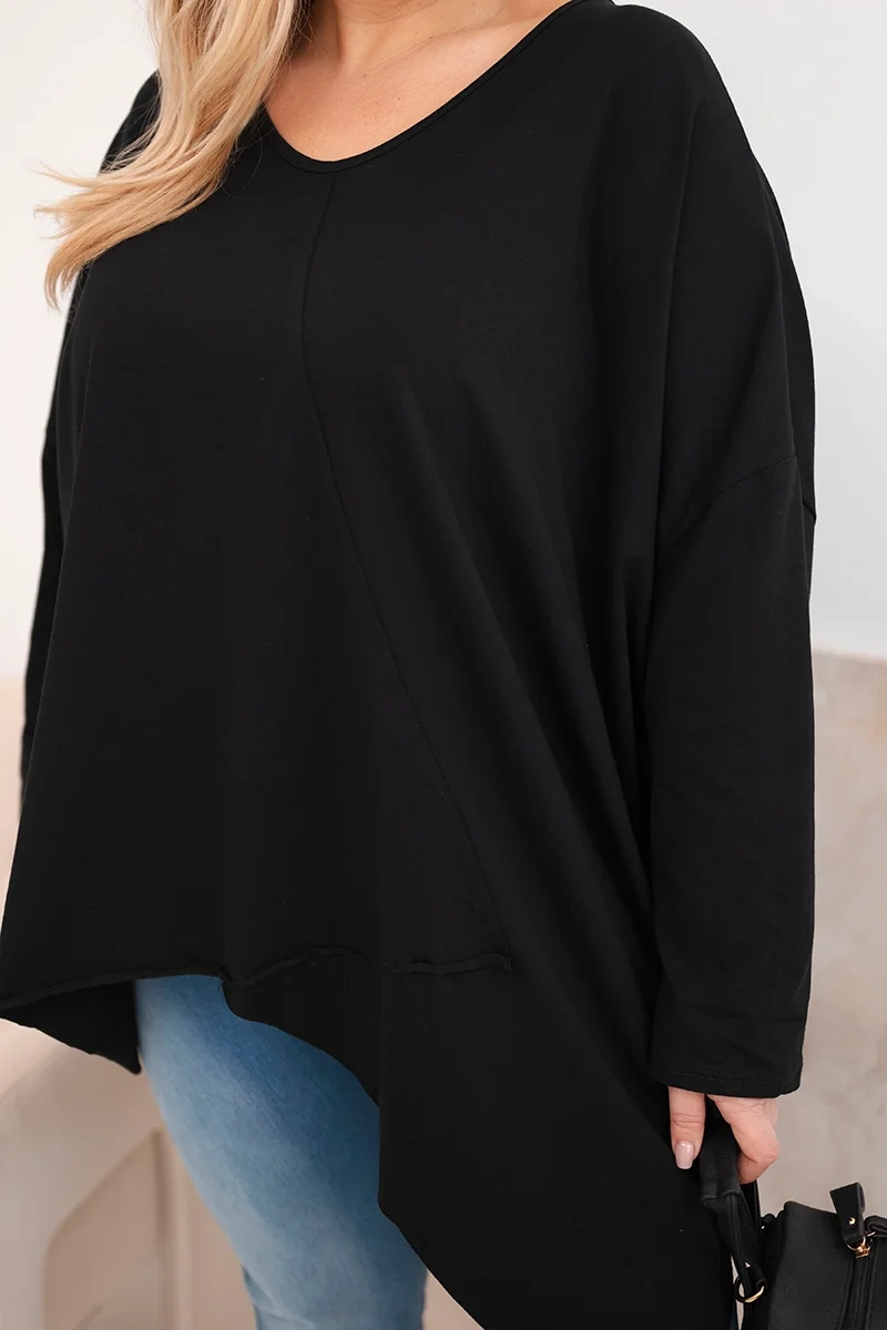 Bluzka damska bawełniana Plus Size z asymetrycznym dołem i dekoltem V czarna - obrazek 4