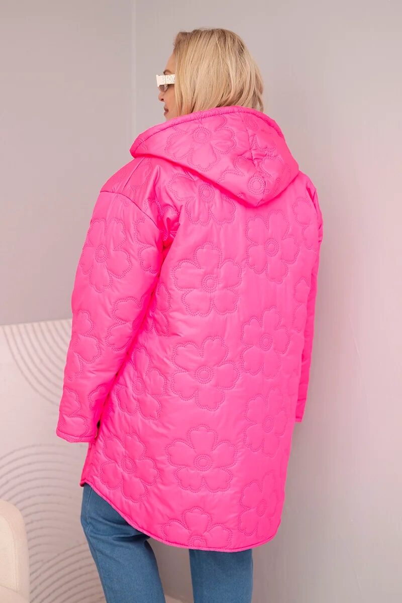 Kurtka damska Plus Size pikowana z kapturem i napisem HOPE różowy neon - obrazek 3