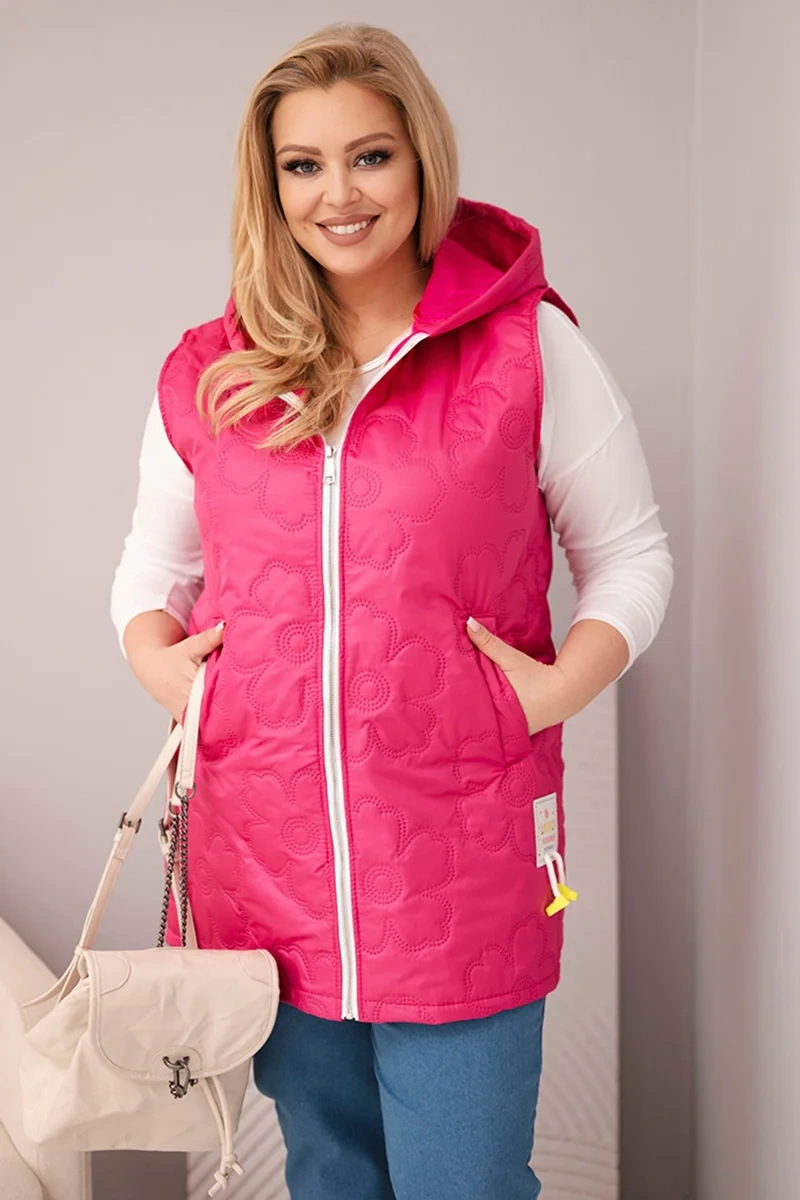 Kamizelka damska Plus Size z kapturem i pikowaniem w kwiaty fuksja