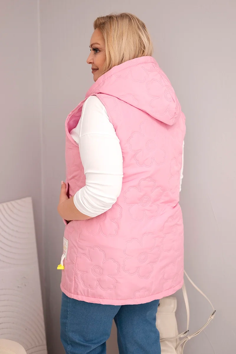 Kamizelka damska Plus Size z kapturem i pikowaniem w kwiaty jasno różowa - obrazek 4