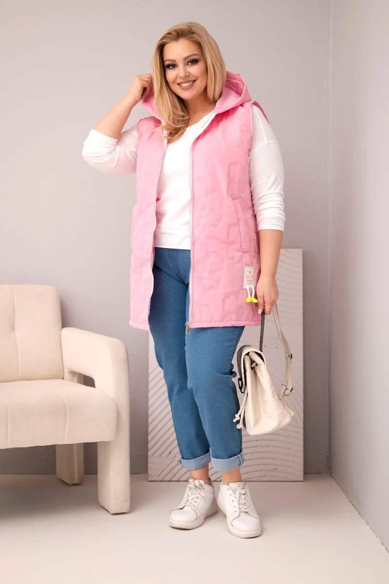 Kamizelka damska Plus Size z kapturem i pikowaniem w kwiaty jasno różowa - obrazek 3