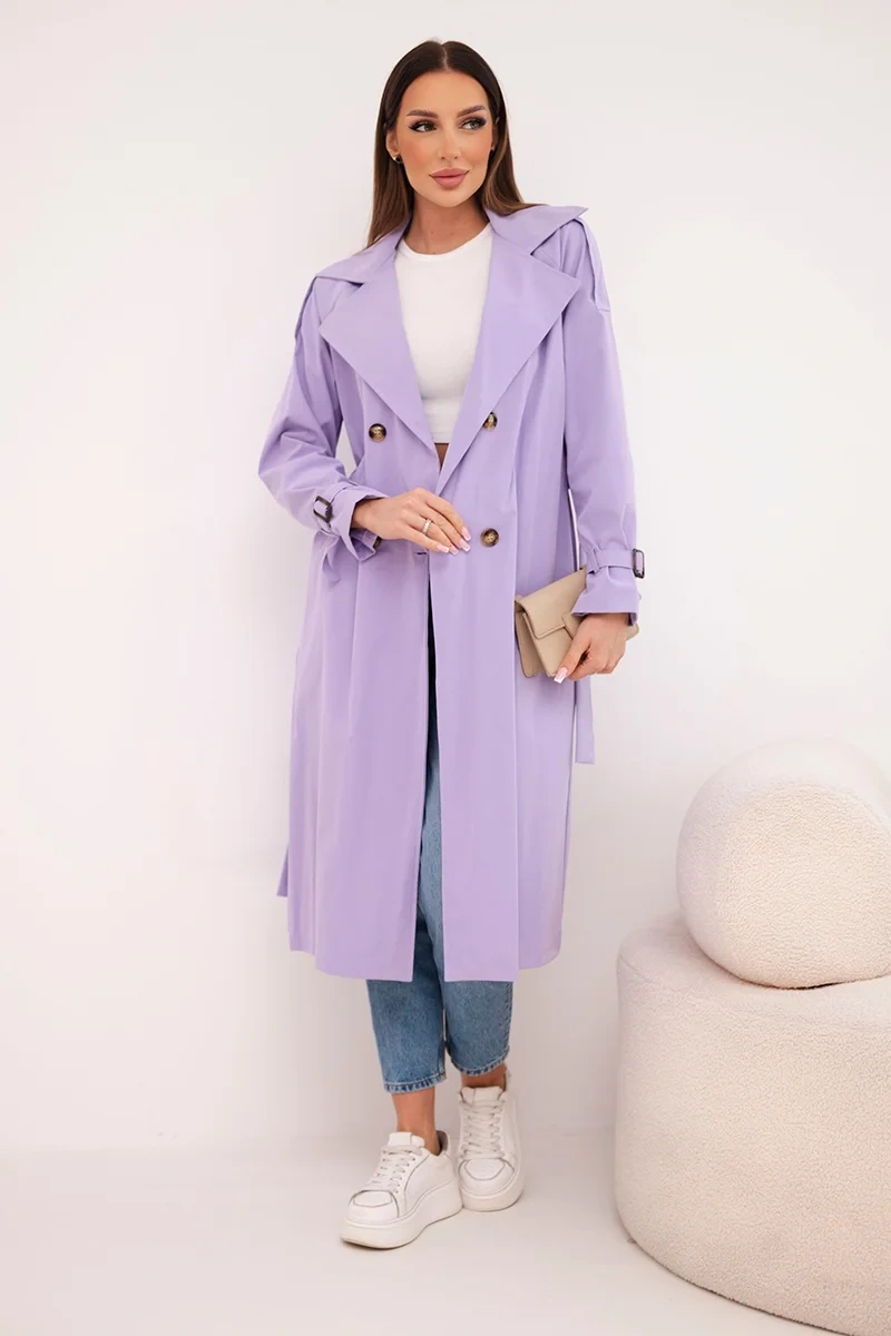 Płaszcz damski wiązany w talii z kołnierzem jasno fioletowy - obrazek 2