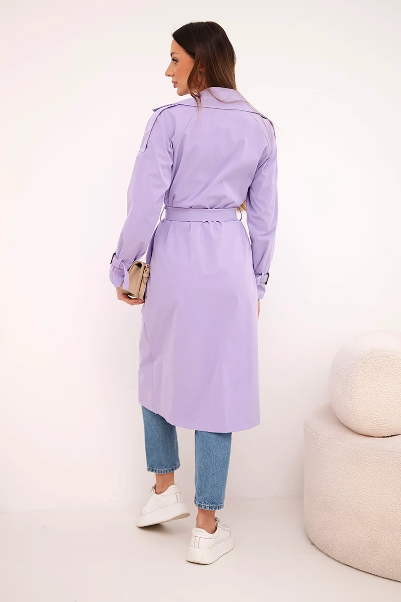 Płaszcz damski wiązany w talii z kołnierzem jasno fioletowy - obrazek 3