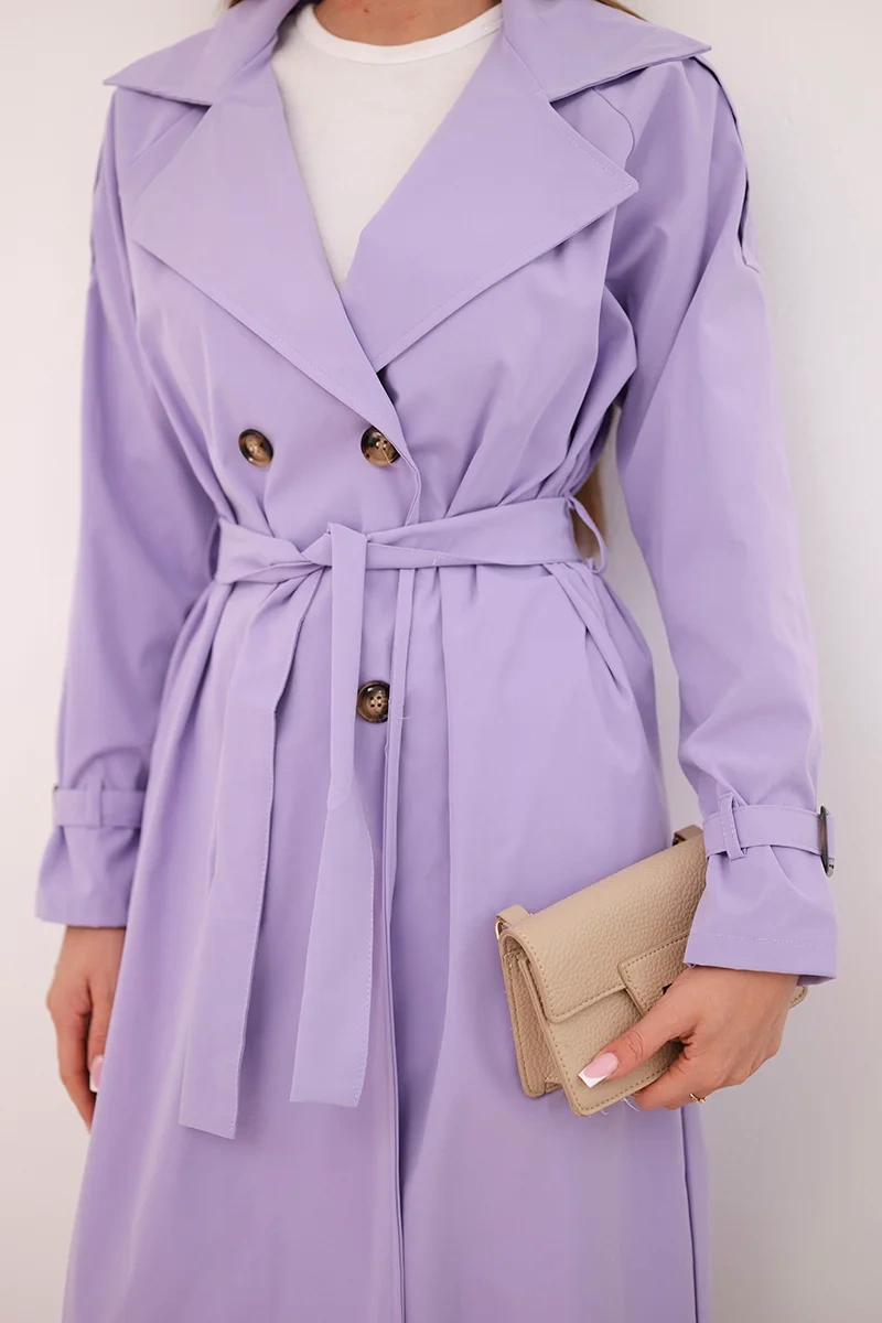Płaszcz damski wiązany w talii z kołnierzem jasno fioletowy - obrazek 4