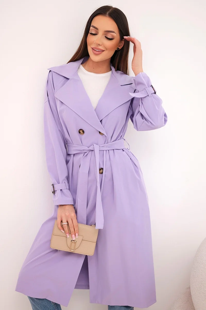 Płaszcz damski wiązany w talii z kołnierzem jasno fioletowy