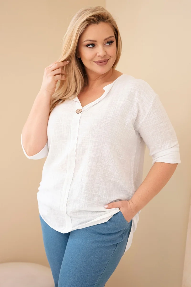 Bluzka damska bawełniana Plus Size z dekoltem na guziki biała