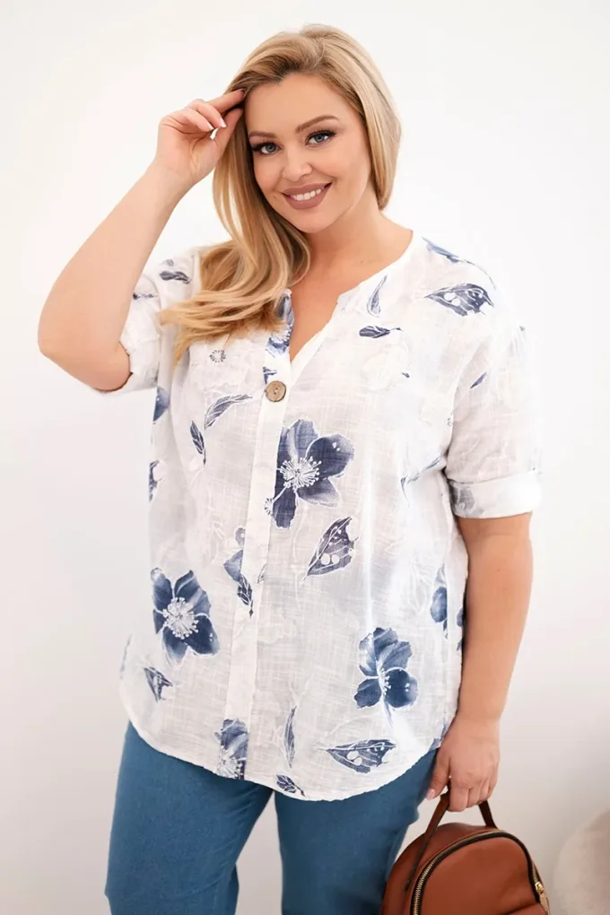 Bluzka damska bawełniana Plus Size w kwiatowy wzór biała