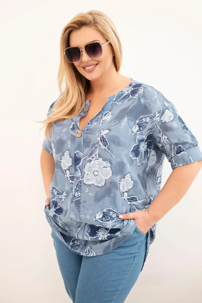 Bluzka damska bawełniana Plus Size w kwiatowy wzór jeansowa