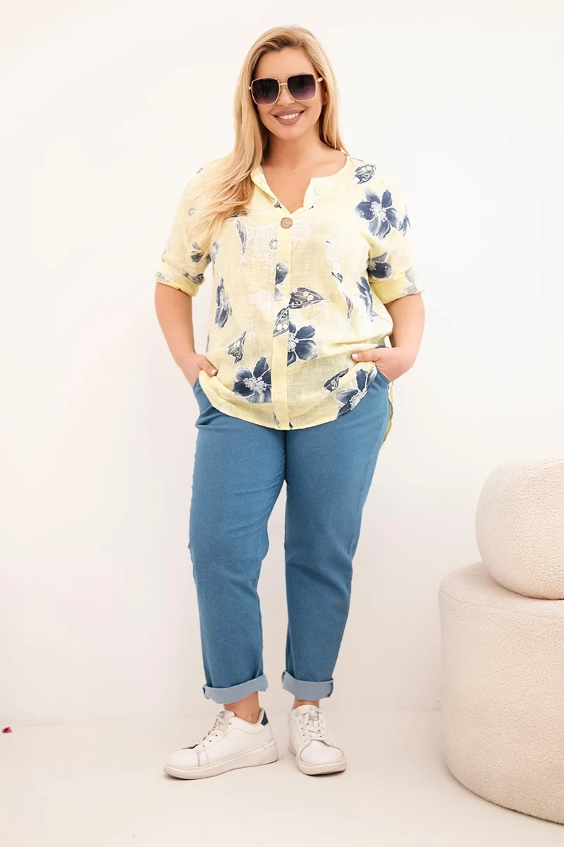 Bluzka damska bawełniana Plus Size w kwiatowy wzór żółta - obrazek 2
