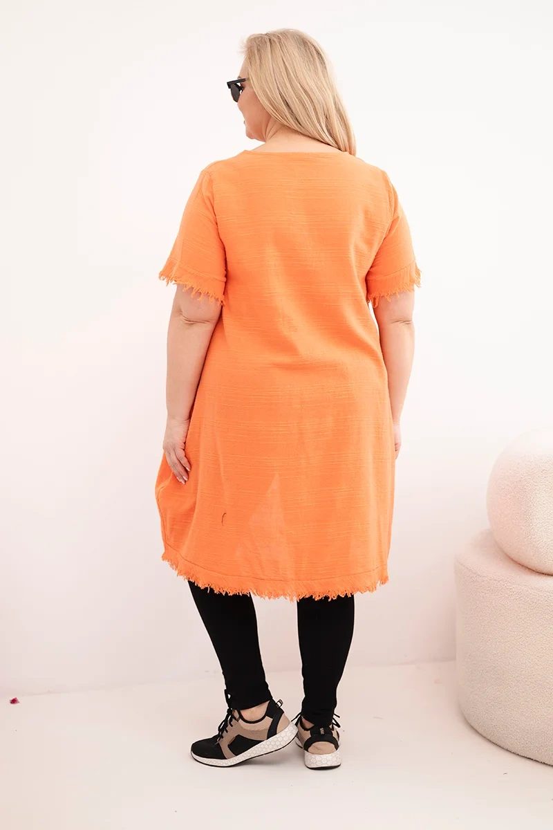 Sukienka damska bawełniana Plus Size z dłuższym tyłem i kieszenią pomarańczowa - obrazek 3