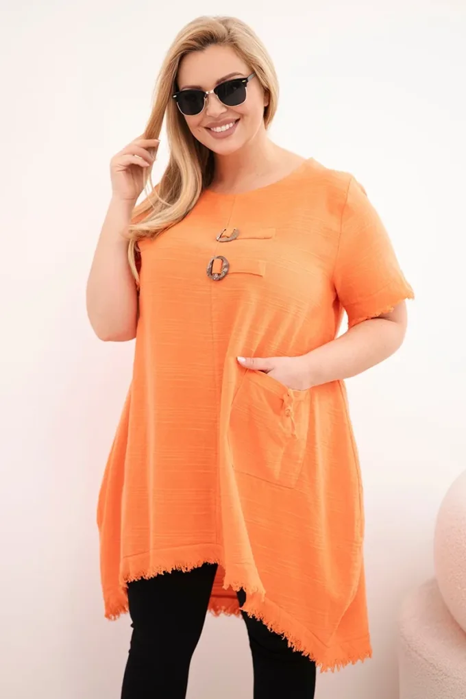 Sukienka damska bawełniana Plus Size z dłuższym tyłem i kieszenią pomarańczowa