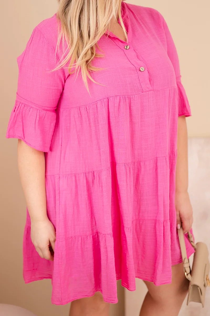 Sukienka damska bawełniana Plus Size z falbanami różowa - obrazek 4