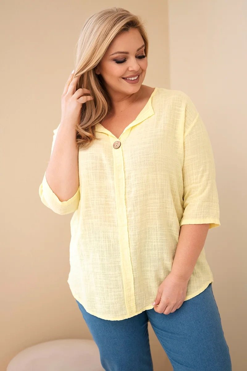 Bluzka damska bawełniana Plus Size z dekoltem na guziki żółta