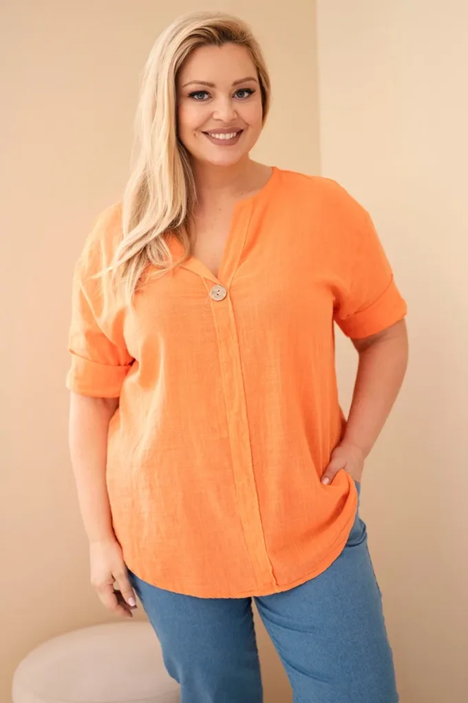 Bluzka damska bawełniana Plus Size z dekoltem na guziki pomarańczowa