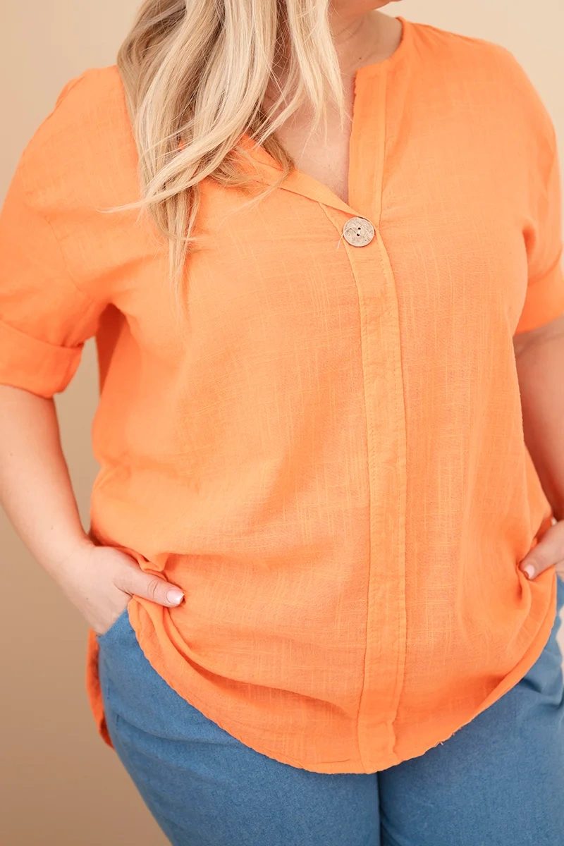Bluzka damska bawełniana Plus Size z dekoltem na guziki pomarańczowa - obrazek 4