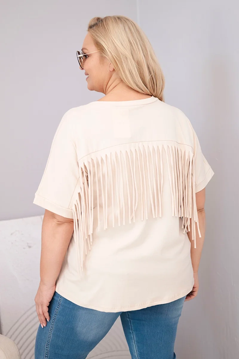 Bluzka damska bawełniana Plus Size z dekoltem V i frędzlami na plecach beżowa - obrazek 4