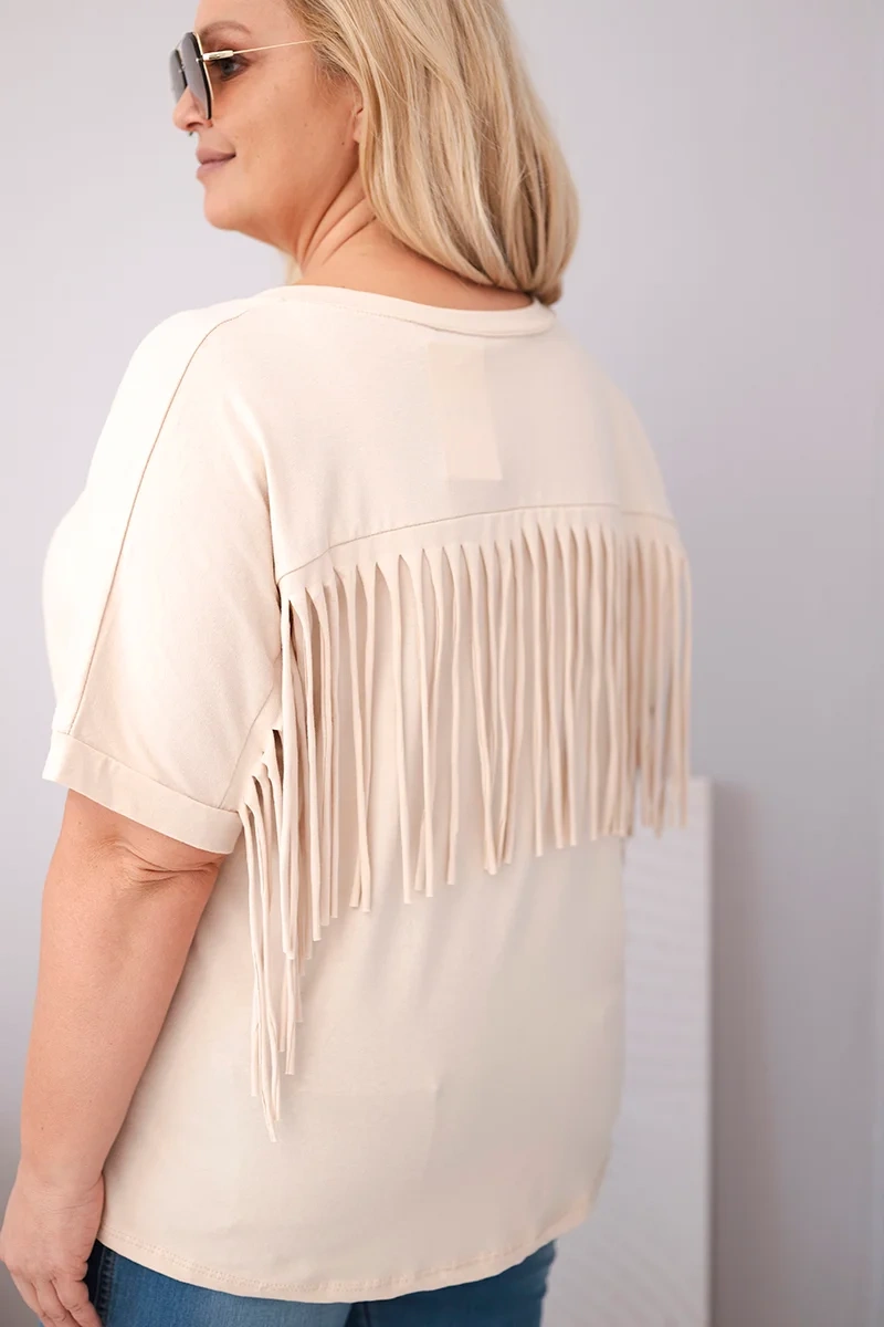 Bluzka damska bawełniana Plus Size z dekoltem V i frędzlami na plecach beżowa