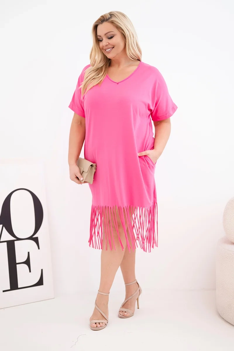 Sukienka damska bawełniana z dekoltem V i frędzlami Plus Size różowa - obrazek 2