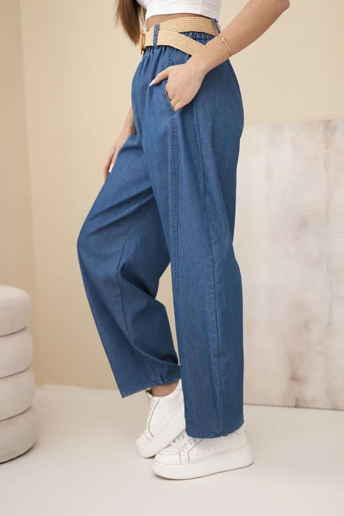 Spodnie damskie z szeroką nogawką i paskiem ciemno jeansowe