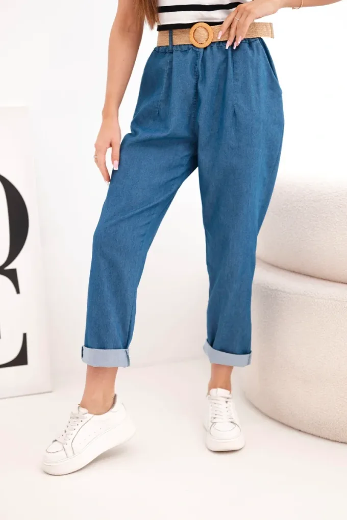 Spodnie damskie z podwijaną nogawką i paskiem ciemno jeansowe