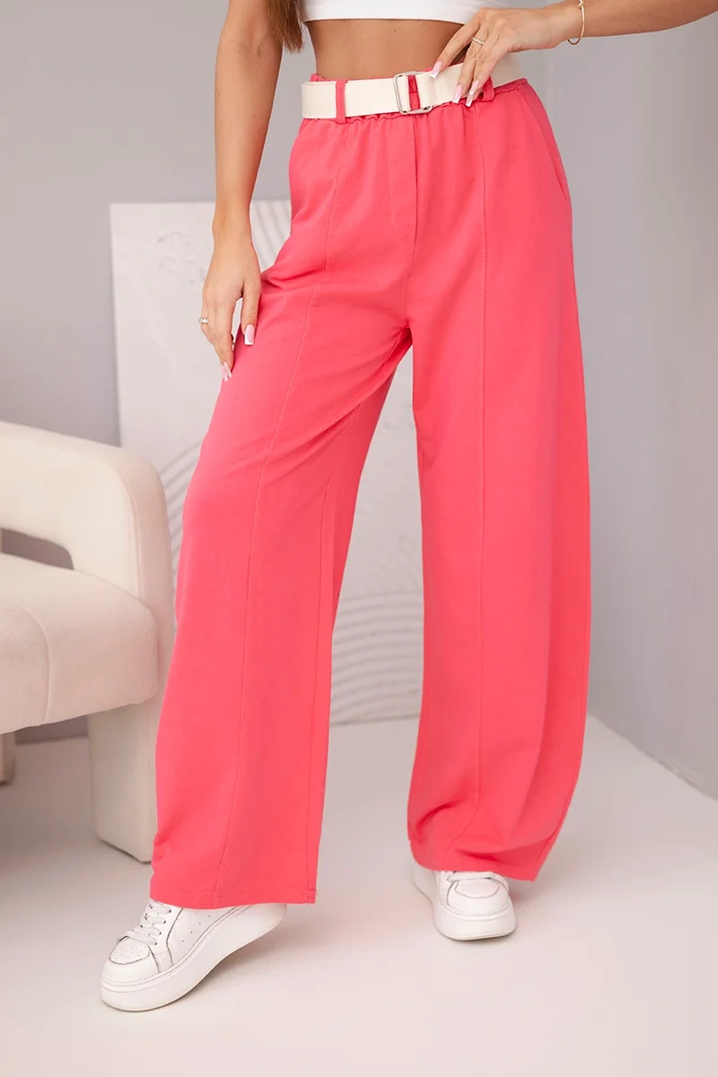 Spodnie damskie bawełniane z szeroką nogawką i paskiem malinowe