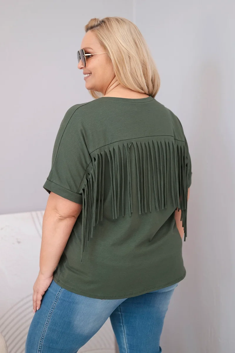 Bluzka damska bawełniana Plus Size z dekoltem V i frędzlami na plecach khaki - obrazek 4