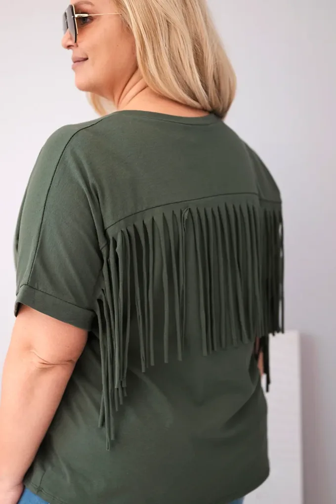 Bluzka damska bawełniana Plus Size z dekoltem V i frędzlami na plecach khaki