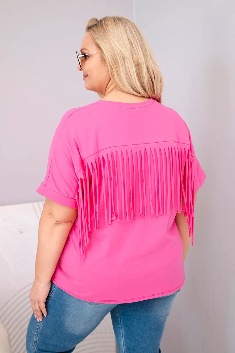 Bluzka damska bawełniana Plus Size z dekoltem V i frędzlami na plecach różowa - obrazek 4