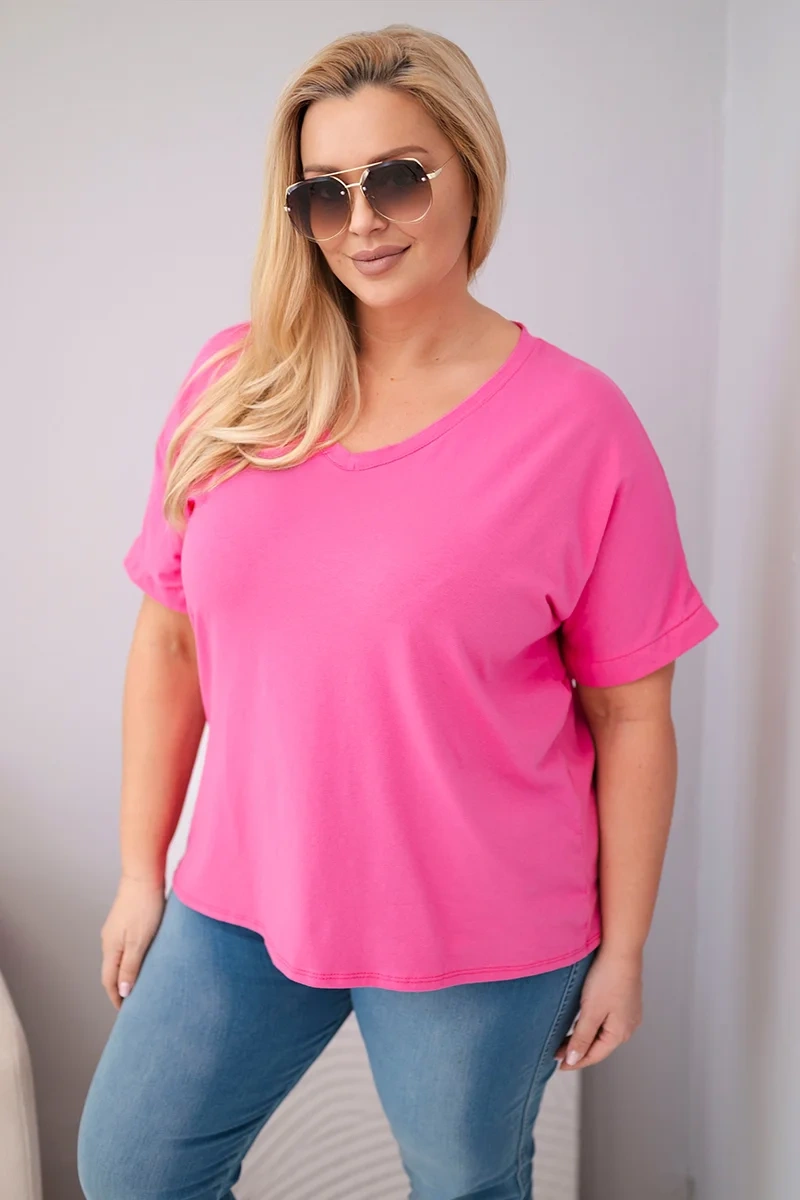 Bluzka damska bawełniana Plus Size z dekoltem V i frędzlami na plecach różowa - obrazek 2