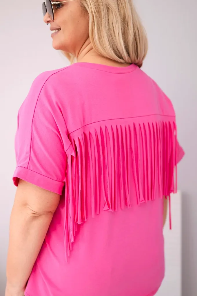 Bluzka damska bawełniana Plus Size z dekoltem V i frędzlami na plecach różowa