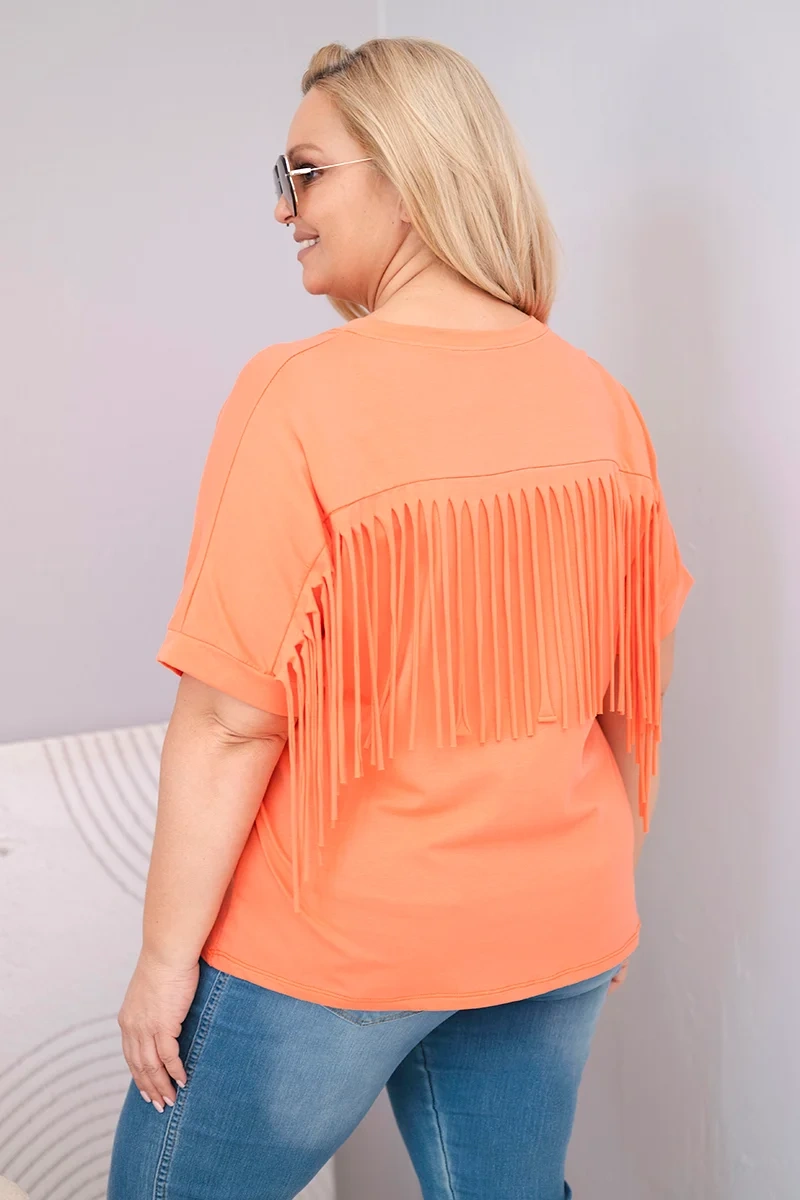 Bluzka damska bawełniana Plus Size z dekoltem V i frędzlami na plecach łososiowa - obrazek 4