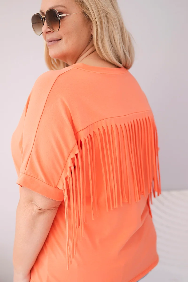 Bluzka damska bawełniana Plus Size z dekoltem V i frędzlami na plecach łososiowa