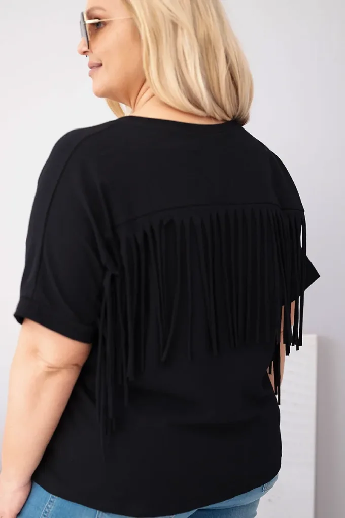 Bluzka damska bawełniana Plus Size z dekoltem V i frędzlami na plecach czarna