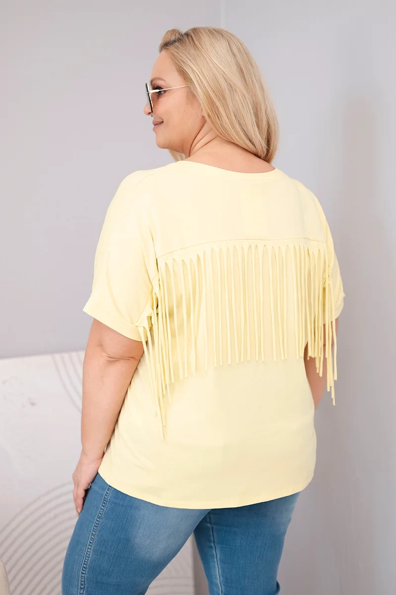 Bluzka damska bawełniana Plus Size z dekoltem V i frędzlami na plecach żółta - obrazek 4