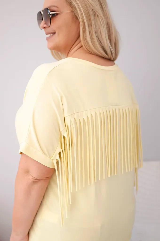 Bluzka damska bawełniana Plus Size z dekoltem V i frędzlami na plecach żółta
