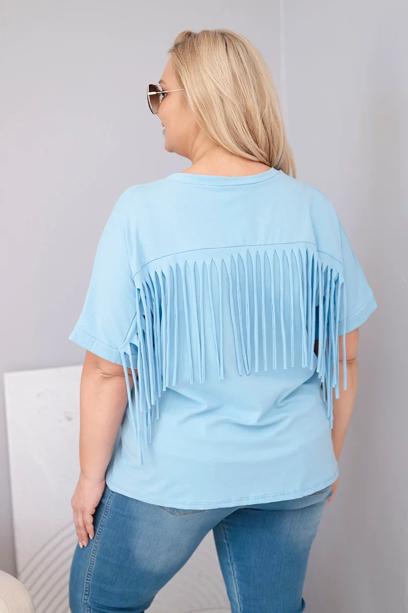 Bluzka damska bawełniana Plus Size z dekoltem V i frędzlami na plecach niebieska - obrazek 4