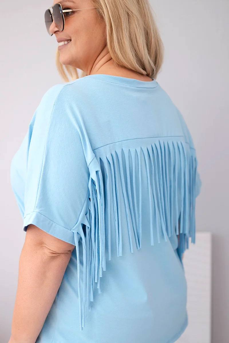 Bluzka damska bawełniana Plus Size z dekoltem V i frędzlami na plecach niebieska - obrazek 2