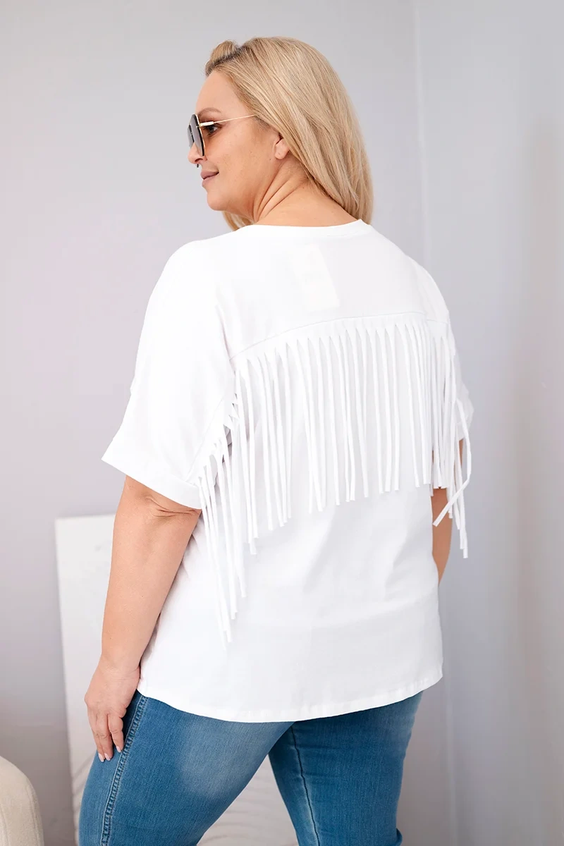 Bluzka damska bawełniana Plus Size z dekoltem V i frędzlami na plecach biała - obrazek 4