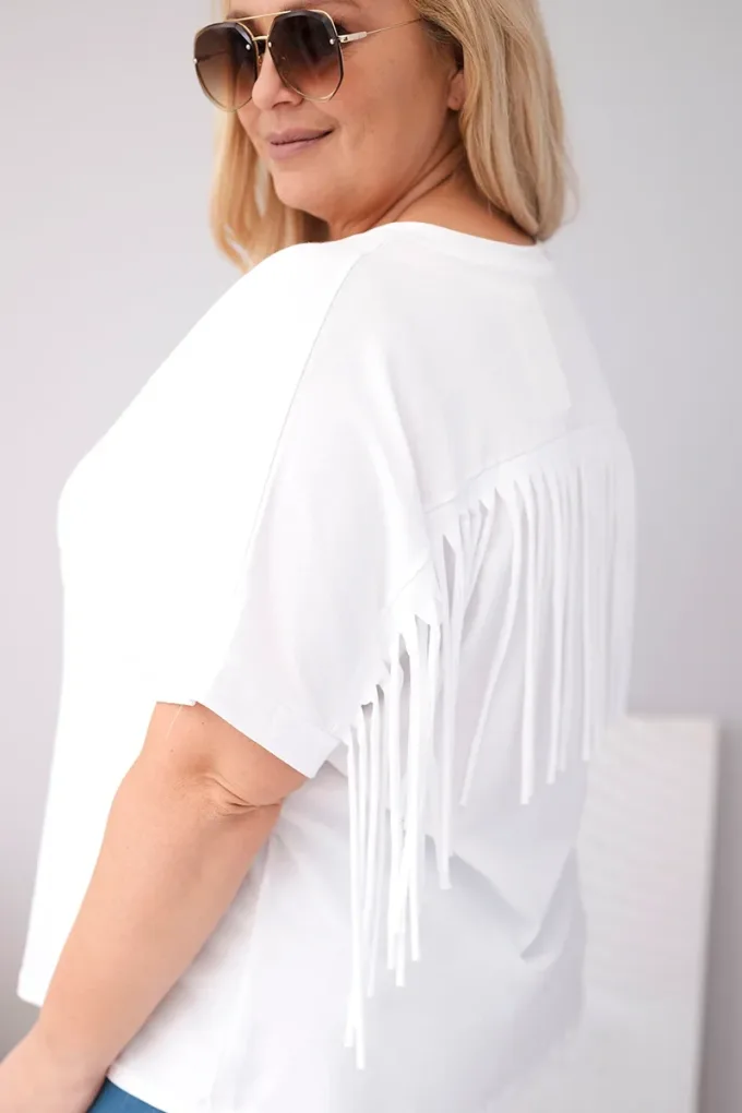 Bluzka damska bawełniana Plus Size z dekoltem V i frędzlami na plecach biała