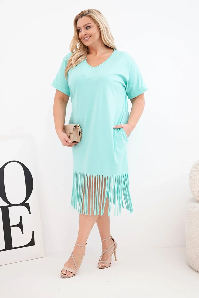 Sukienka damska bawełniana z dekoltem V i frędzlami Plus Size miętowa - obrazek 2