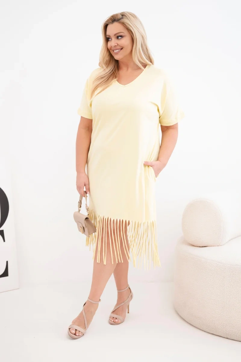 Sukienka damska bawełniana z dekoltem V i frędzlami Plus Size żółta - obrazek 2