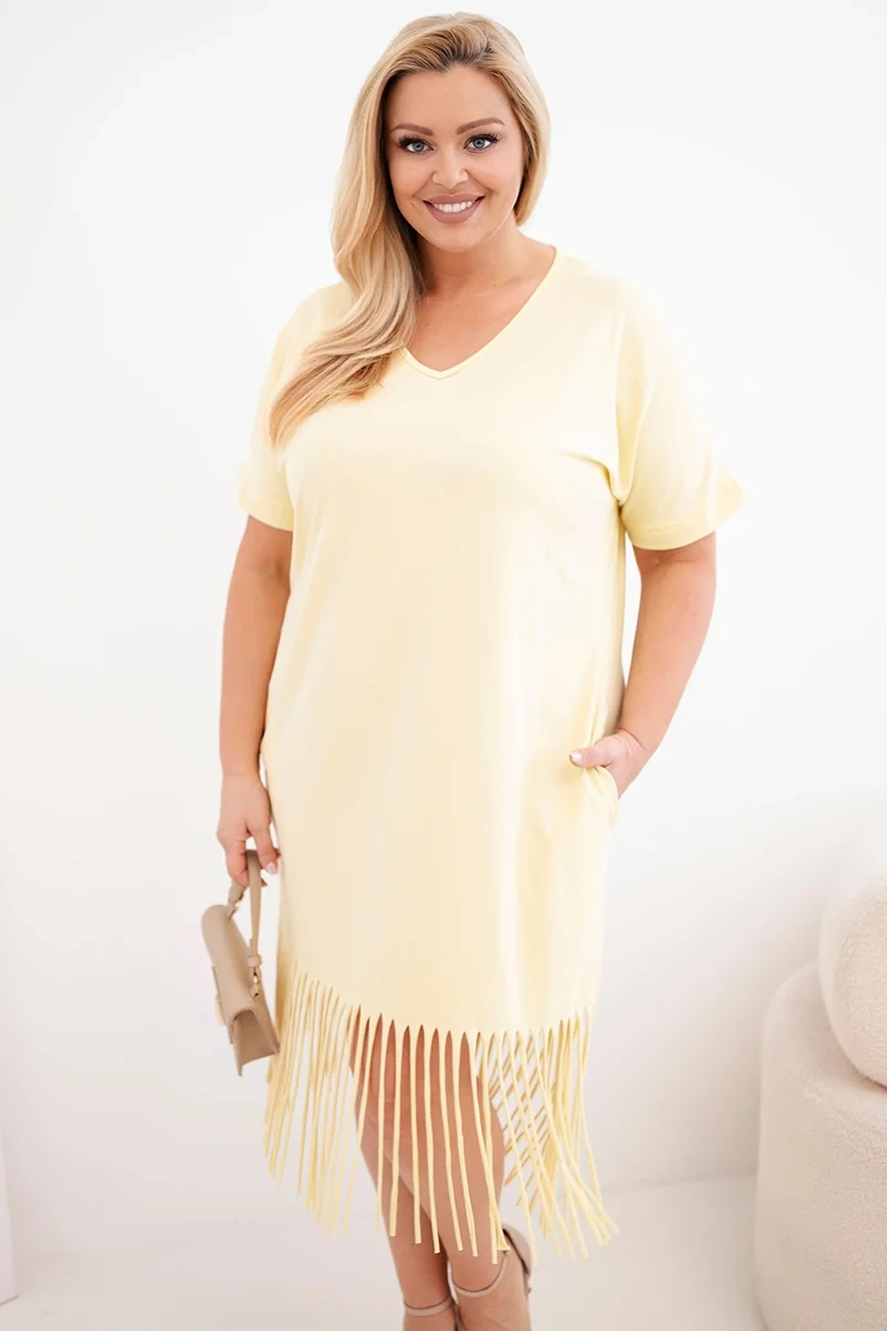 Sukienka damska bawełniana z dekoltem V i frędzlami Plus Size żółta