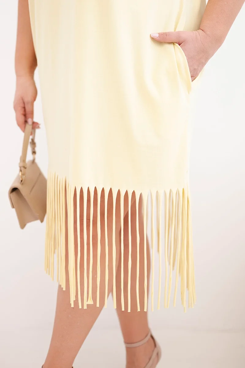 Sukienka damska bawełniana z dekoltem V i frędzlami Plus Size żółta - obrazek 4