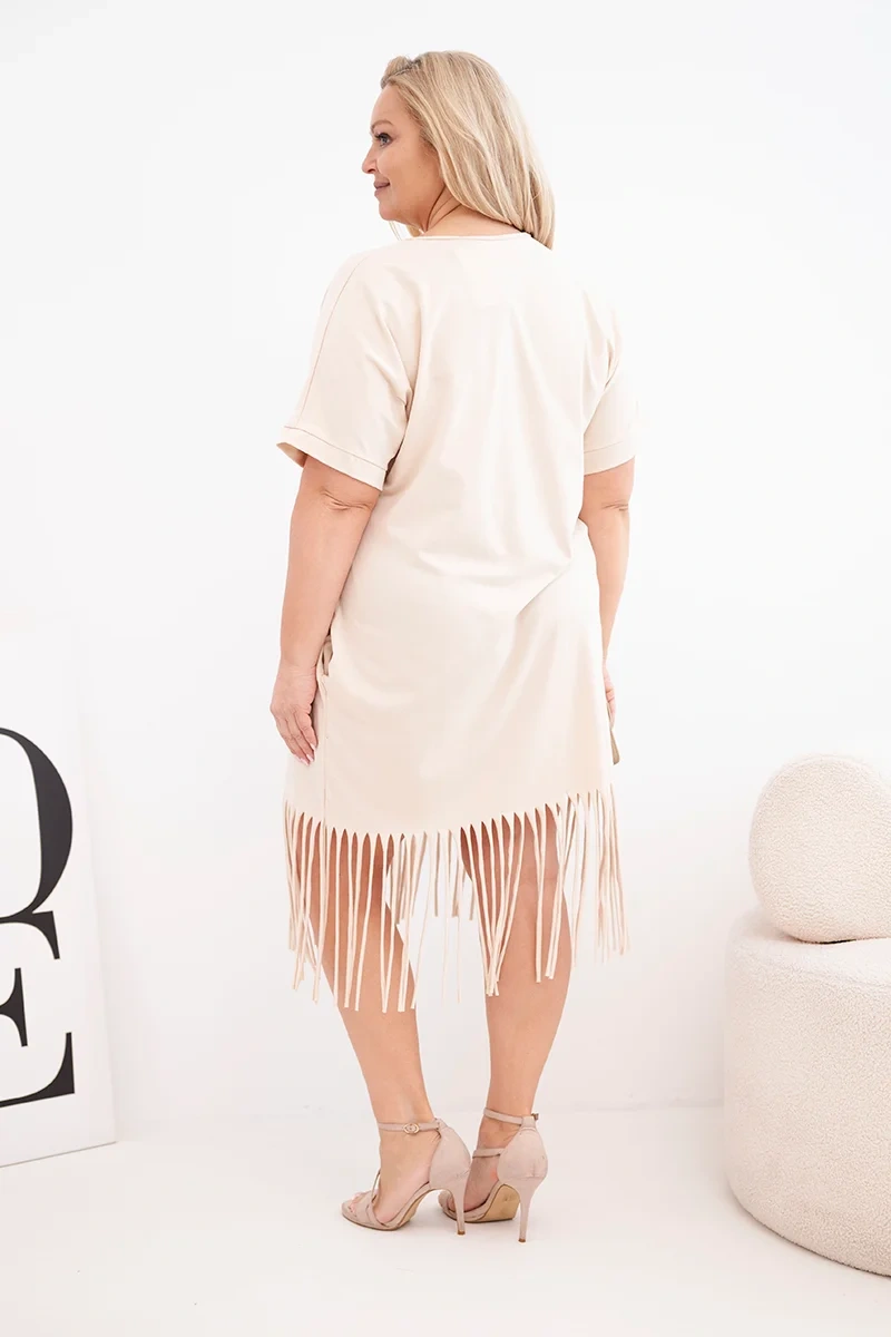 Sukienka damska bawełniana z dekoltem V i frędzlami Plus Size beżowa - obrazek 3